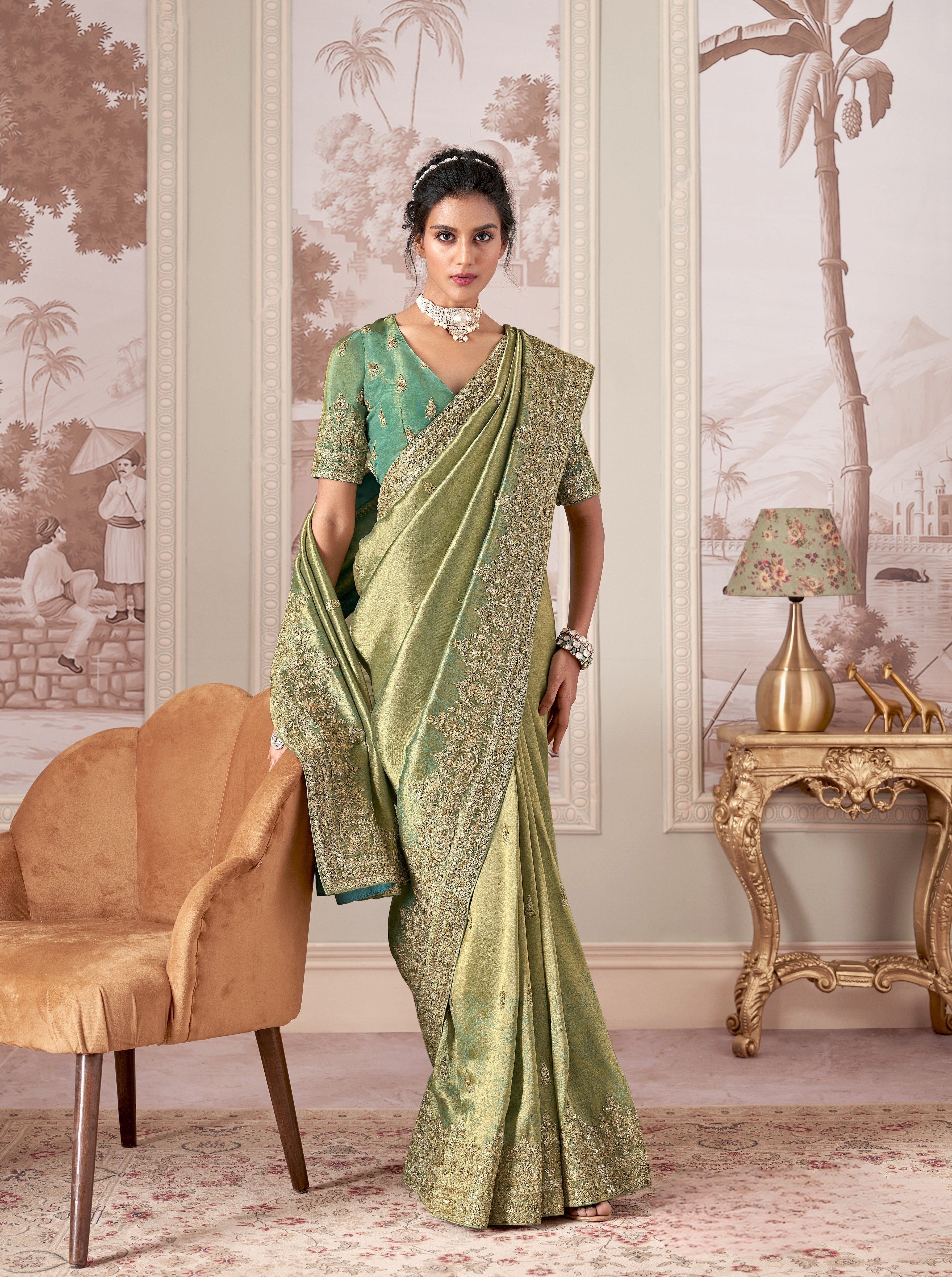 Sage Green Jaquard Silk With Embroidery Party Wear Saree
