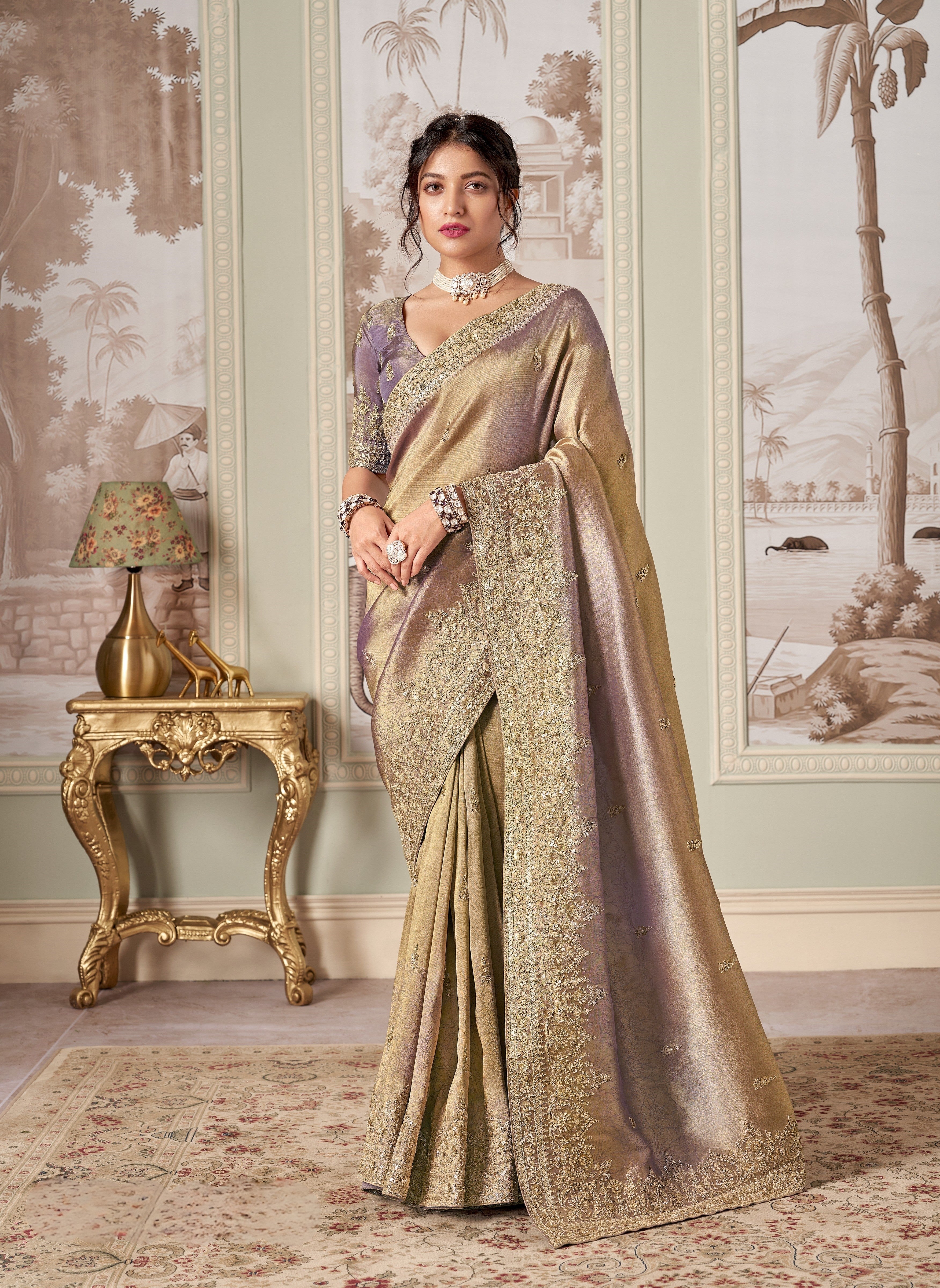 Lavender Grey Jaquard Silk With Embroidery Party Wear Saree