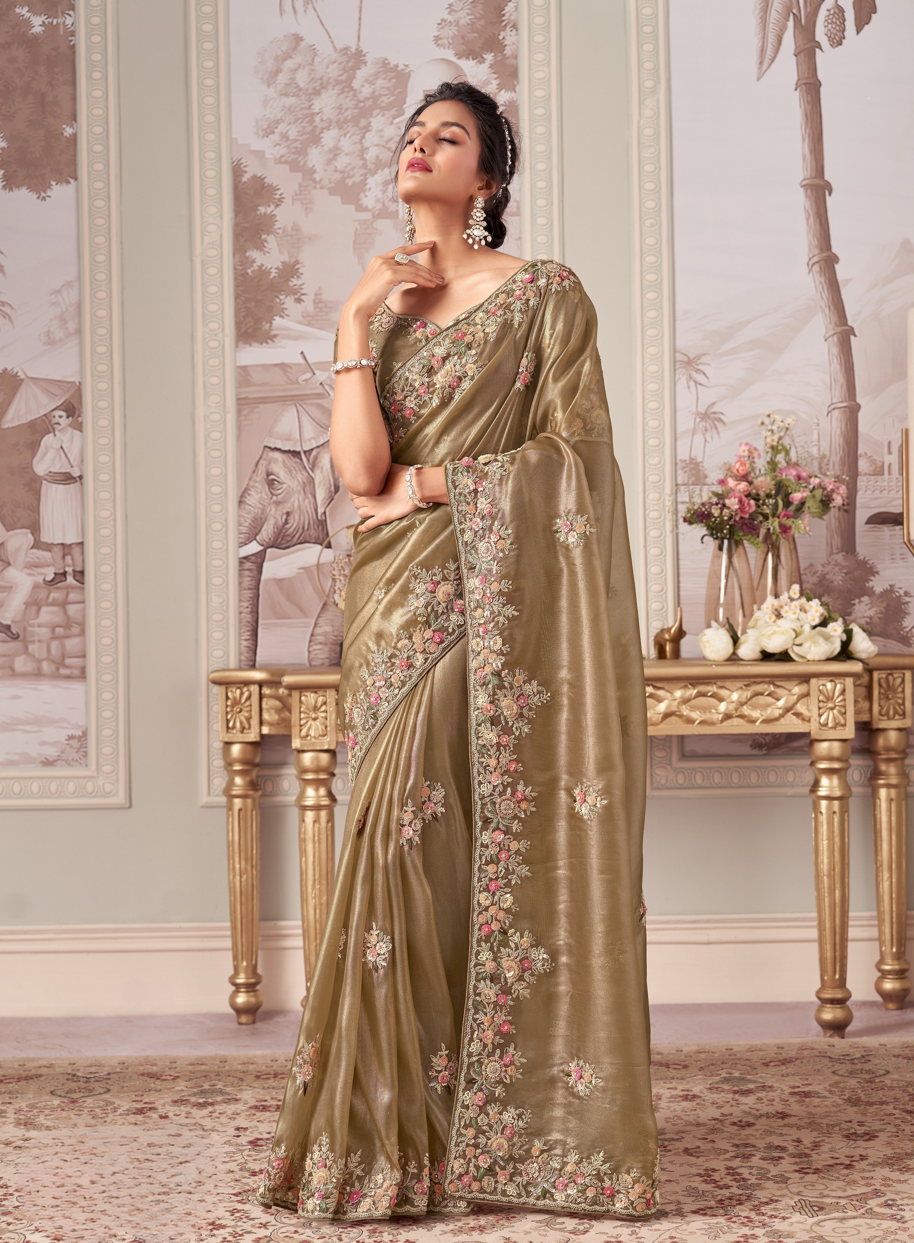 Golden Beige Rayna Silk With Embroidery Party Wear Saree