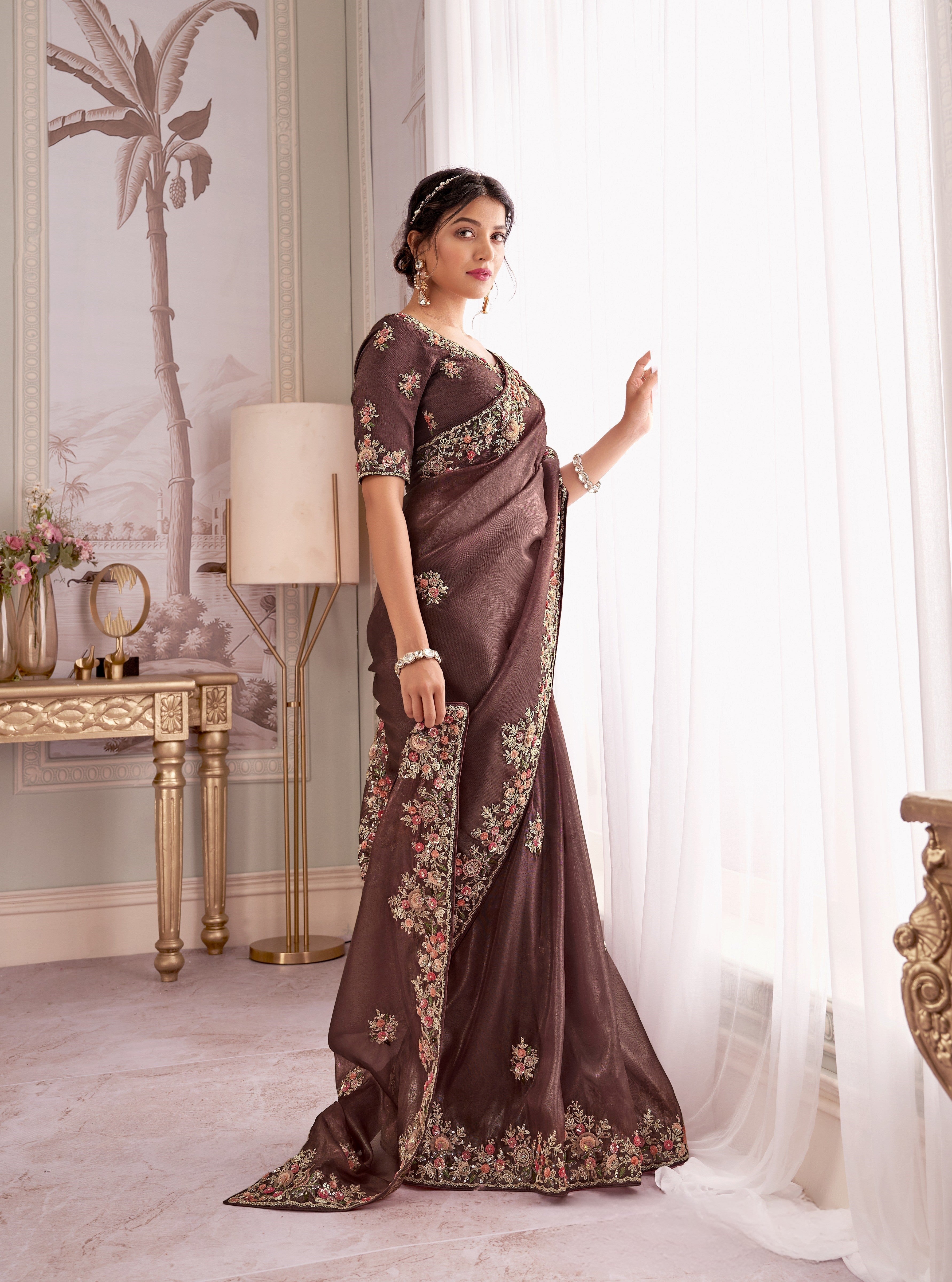 Coffee Brown Rayna Silk With Embroidery Party Wear Saree