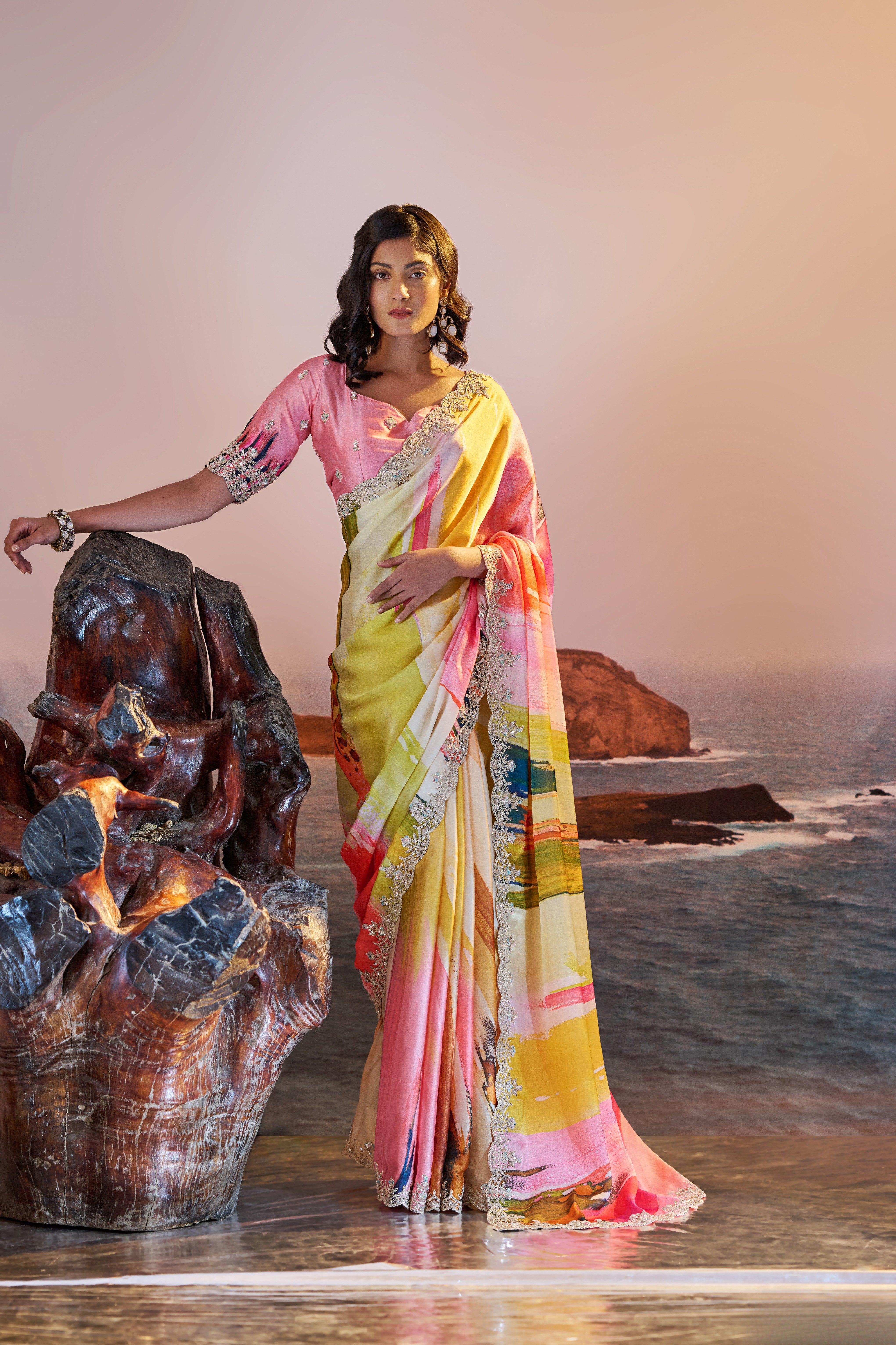 Pink Yellow Satin Digital Print Party Wear Saree