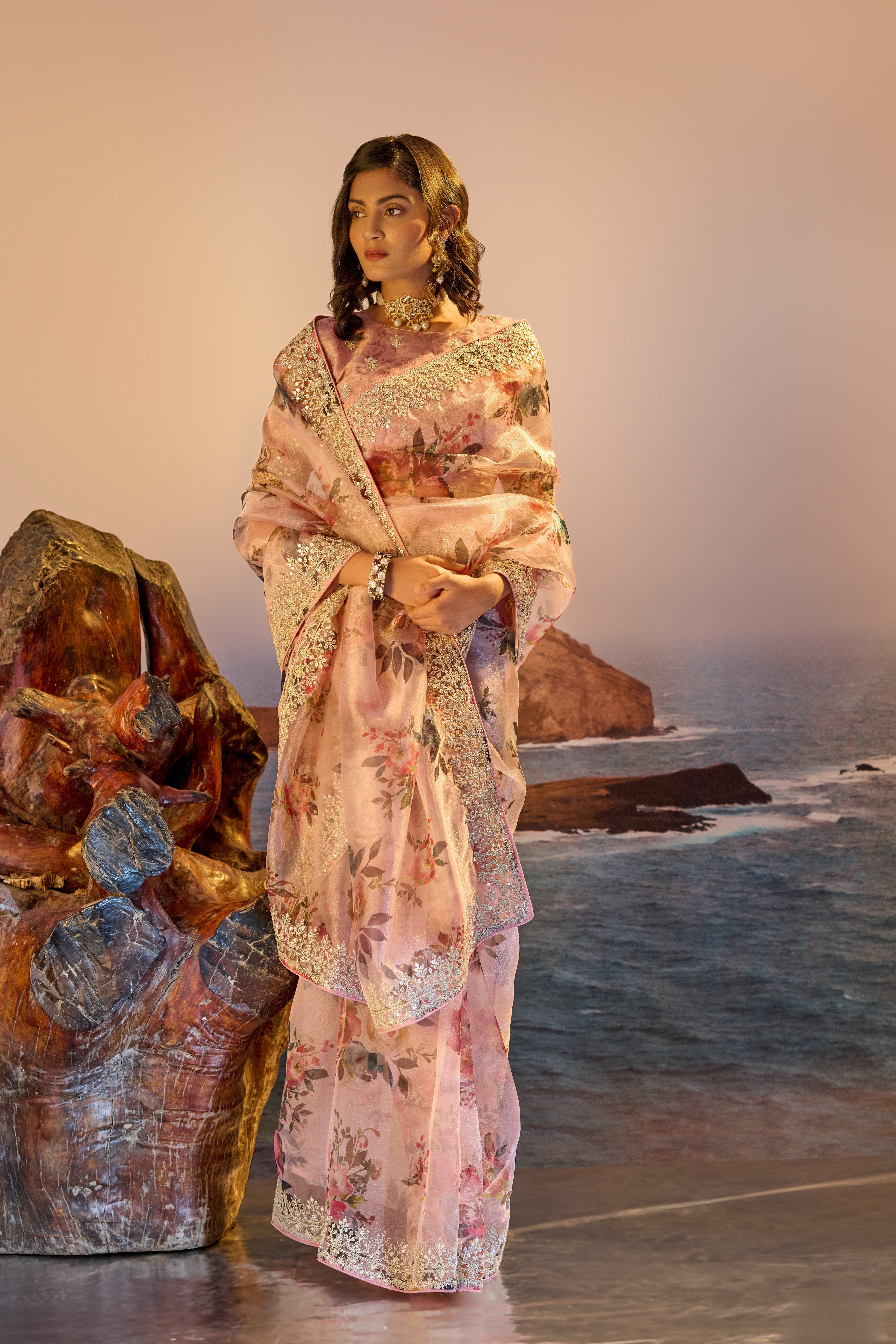 Blush Pink Organza Digital Print Party Wear Saree