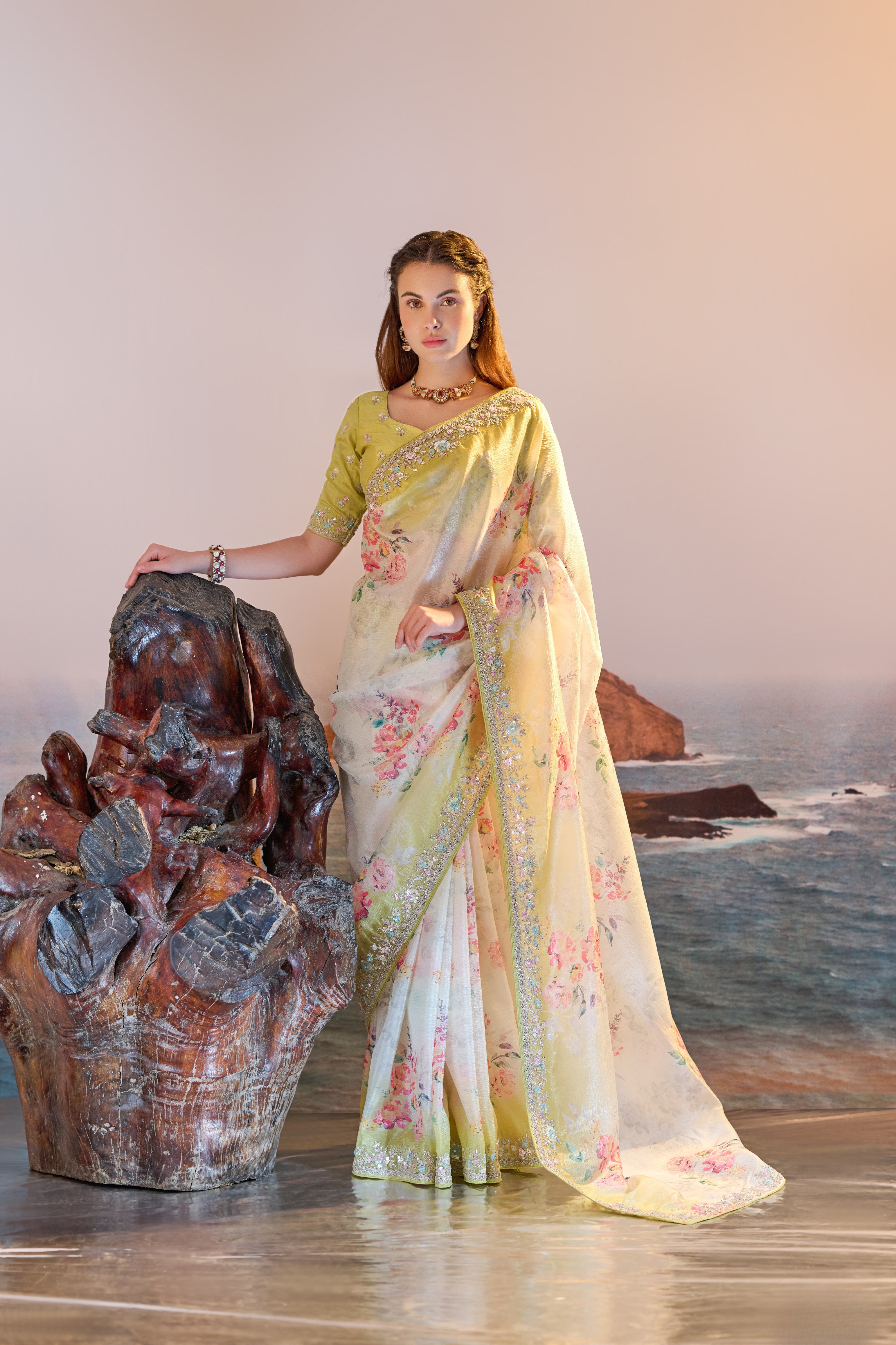 Cream Yellow Organza Digital Print Party Wear Saree