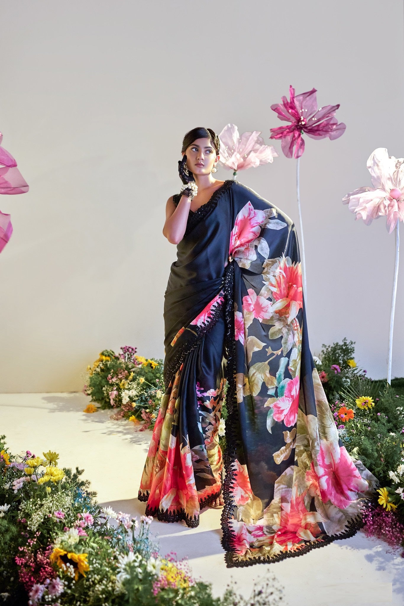 Black Satin Digital Print Party Wear Saree