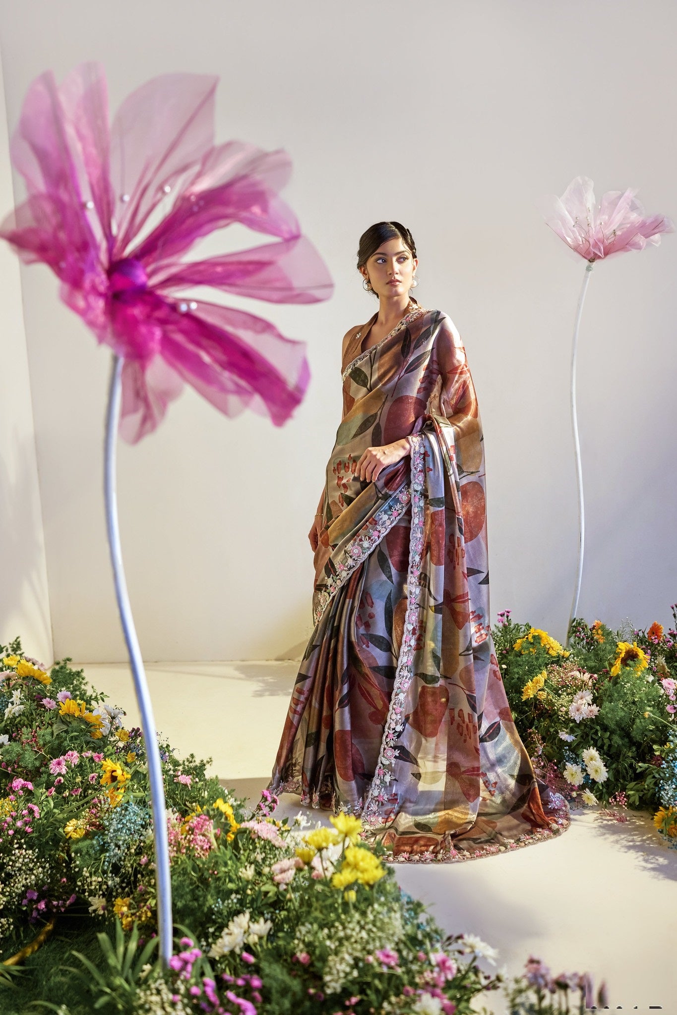 Brown  Jimmichoo Digital Print Party Wear Saree