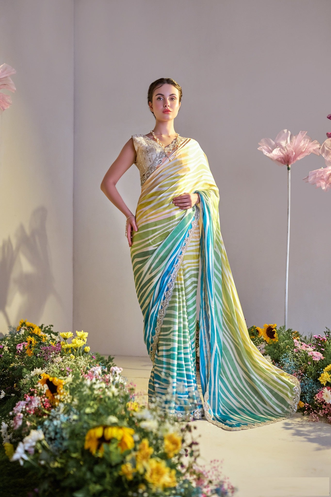 Yellow And Blue Satin Digital Print Party Wear Saree