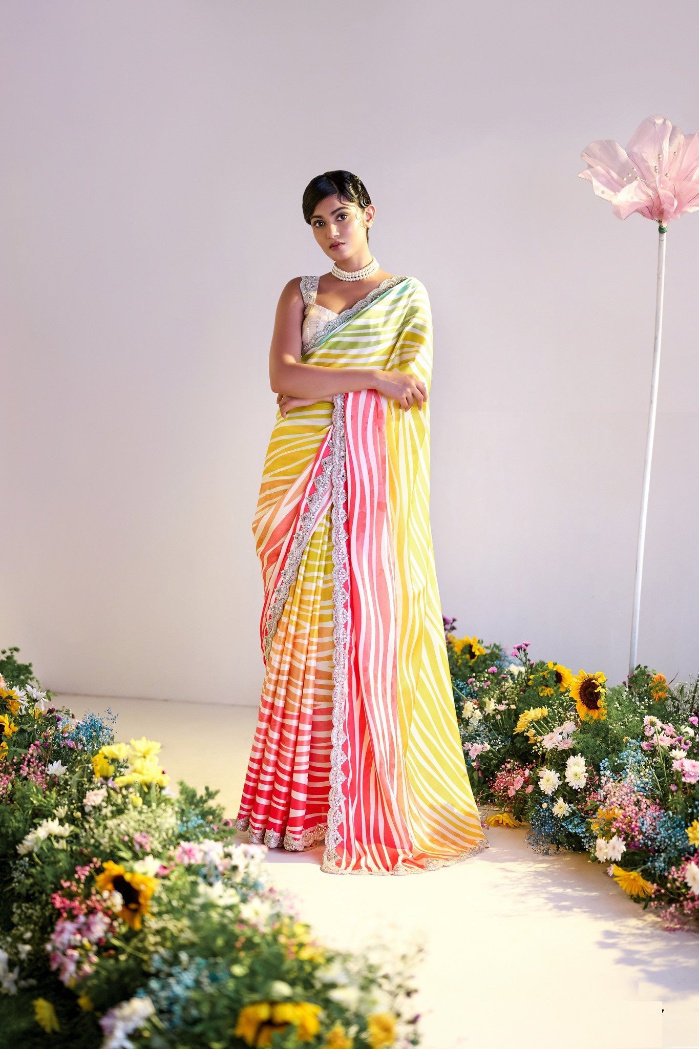 Yellow And Red Satin Digital Print Party Wear Saree