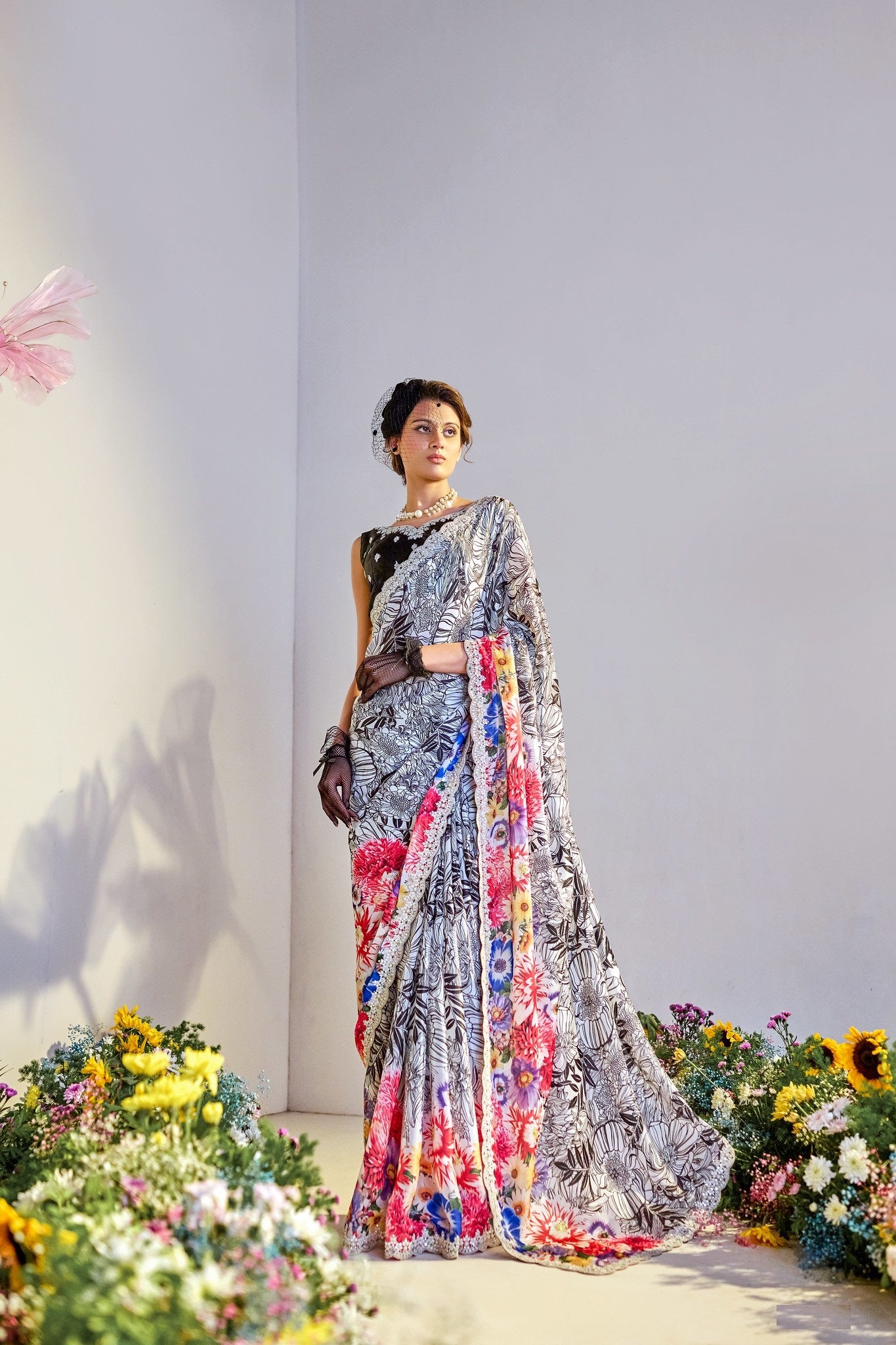 Black And White Satin Digital Print Party Wear Saree