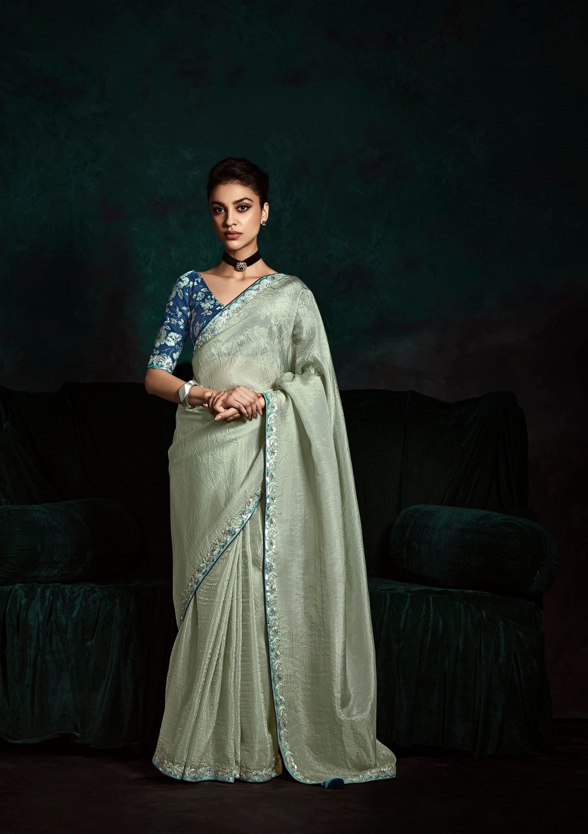 Light Mint Green Tissue Organza Print Party Wear Saree