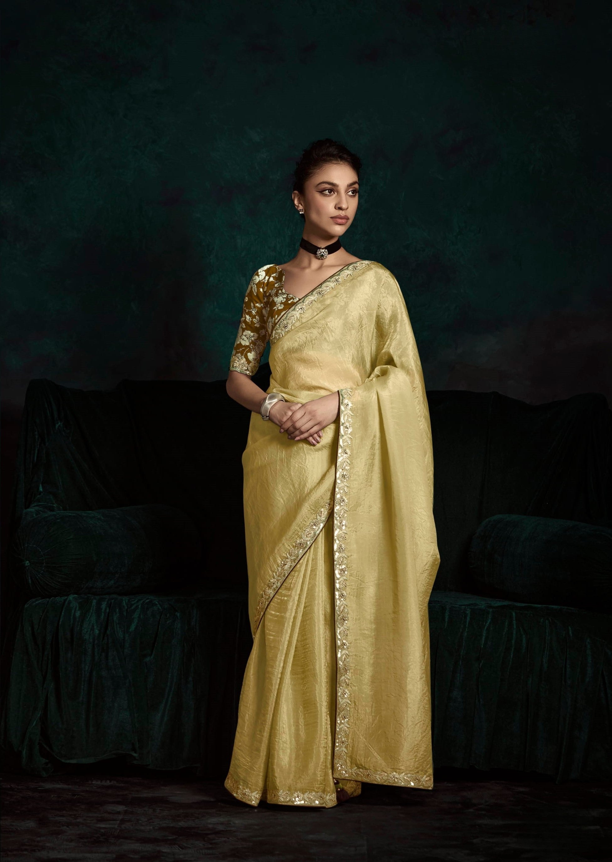 Gold Beige Tissue Organza Print Party Wear Saree