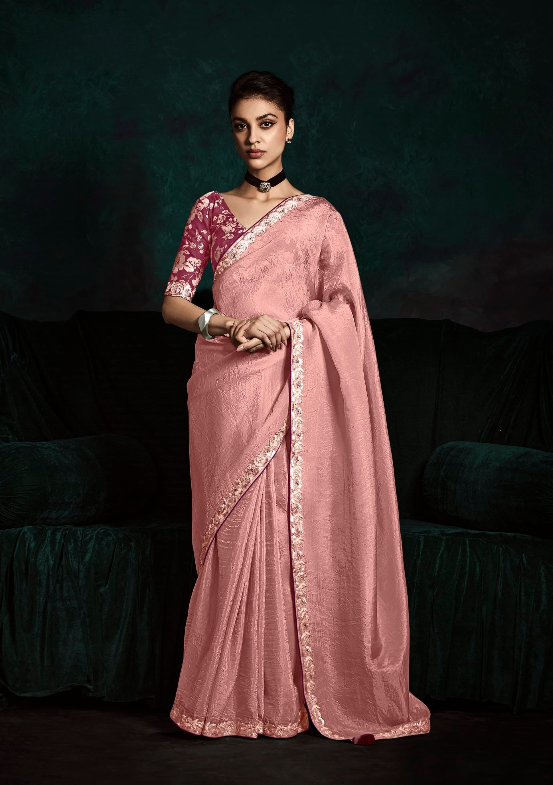Baby Pink Tissue Organza Print Party Wear Saree