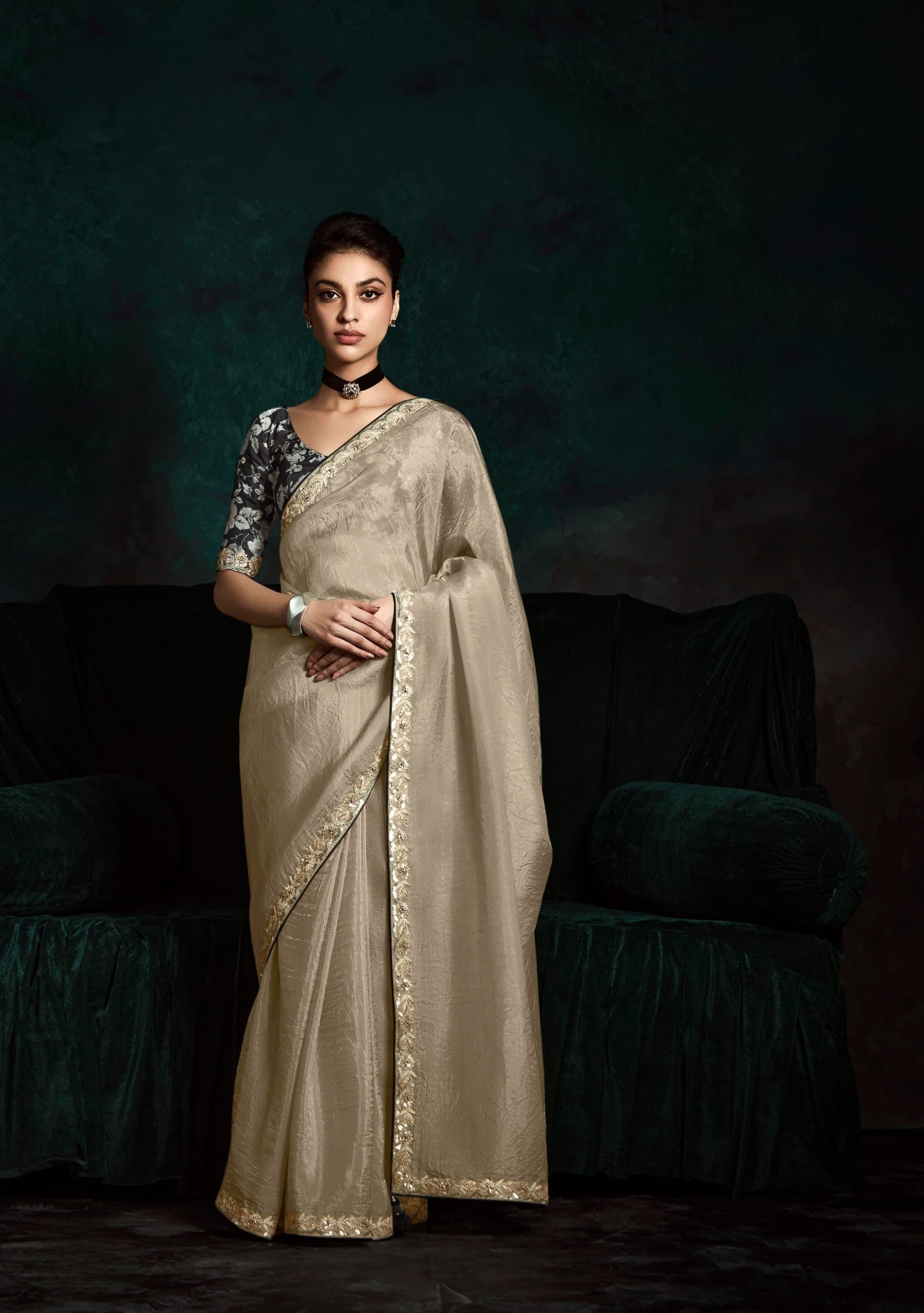 Silver Grey Tissue Organza Print Party Wear Saree