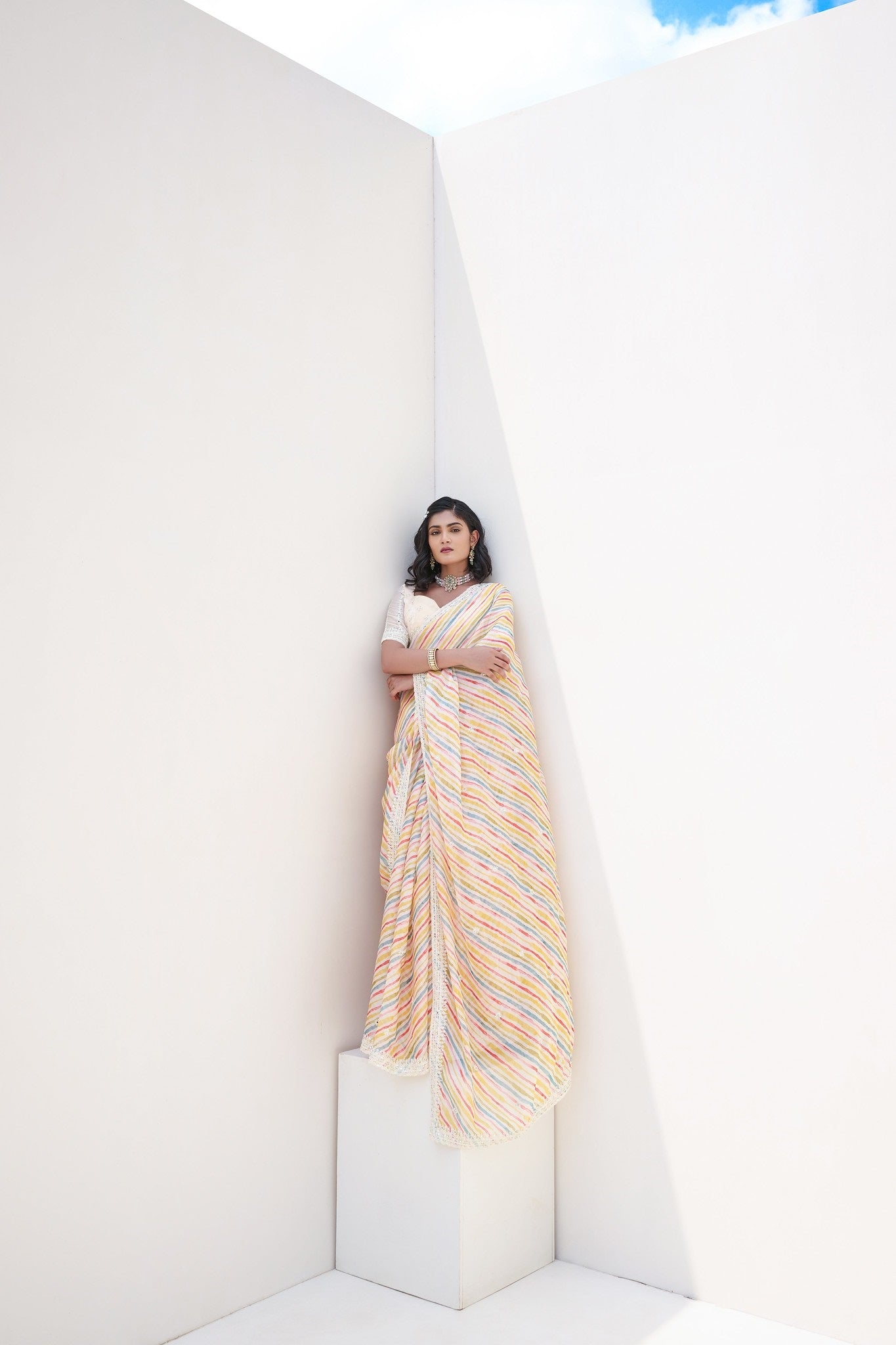 Yellow And White Satin Digital Print Party Wear Saree