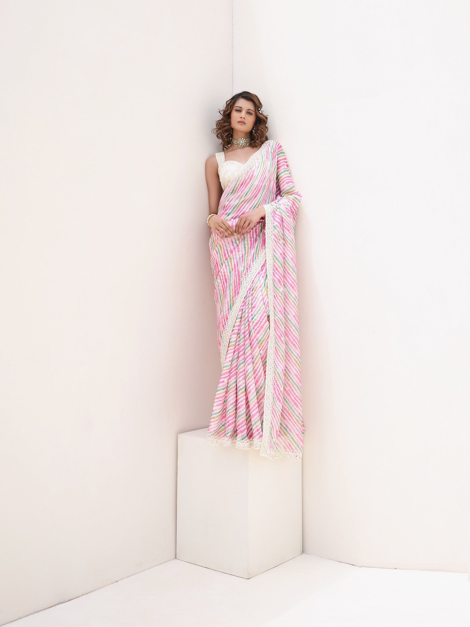 Pink And White Satin Digital Print Party Wear Saree