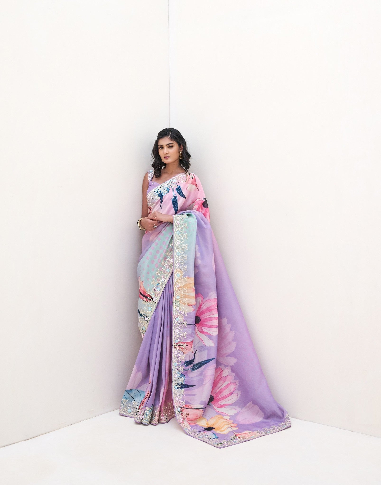 Purple And Pink Tissue Digital Print Party Wear Saree