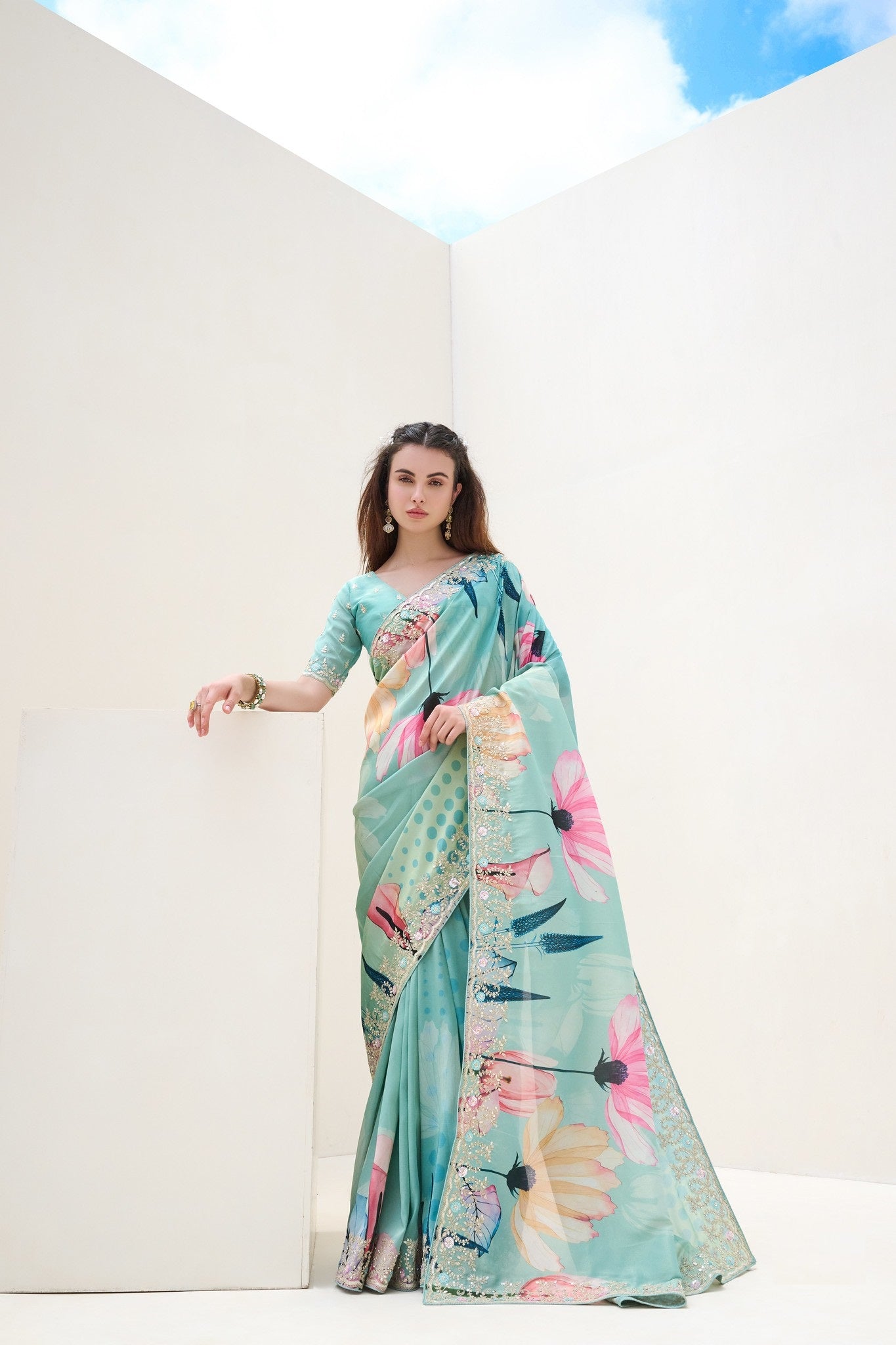Blue Green Tissue Digital Print Party Wear Saree