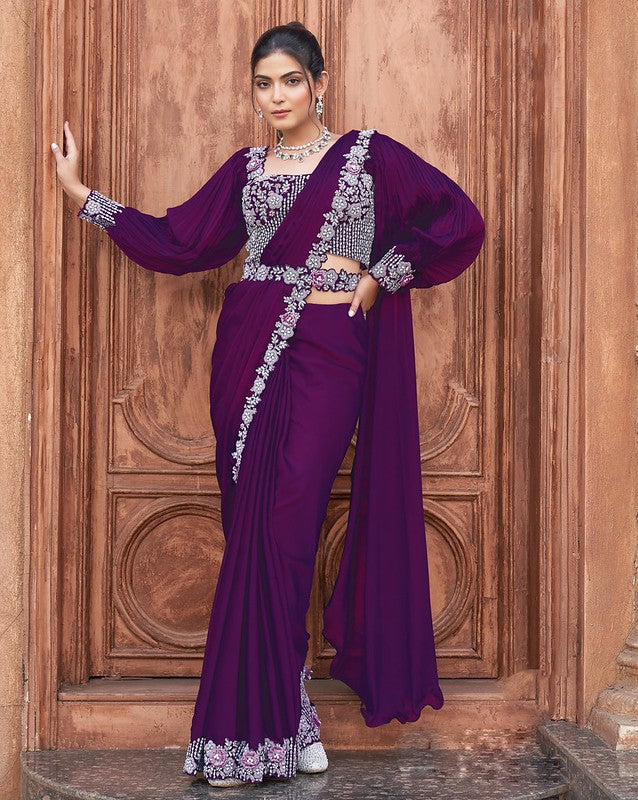 Purple Crepe Satin Silk Pearl Handwork Saree