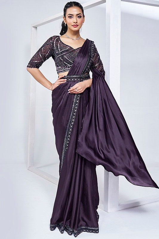 Purple Crepe Satin Silk Pure Handwork Saree