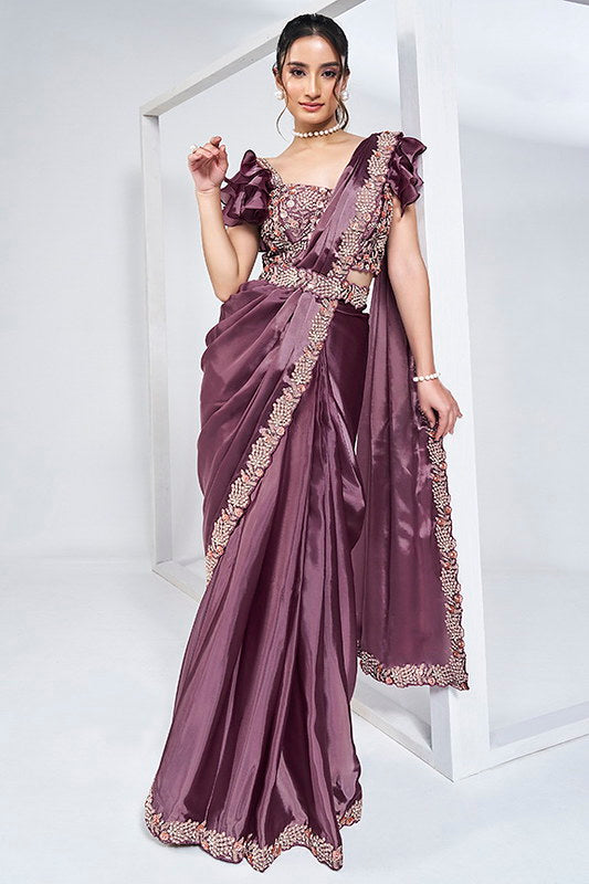 Mauve Crepe Satin Silk Pure Handwork Saree