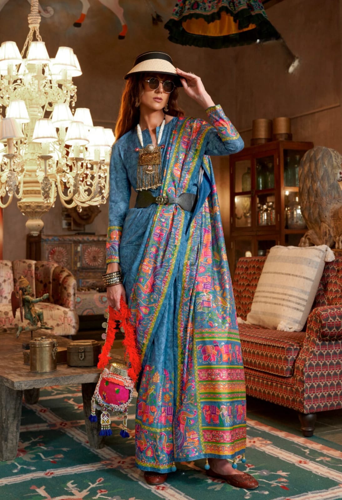 Blue P.V Silk Printed Saree