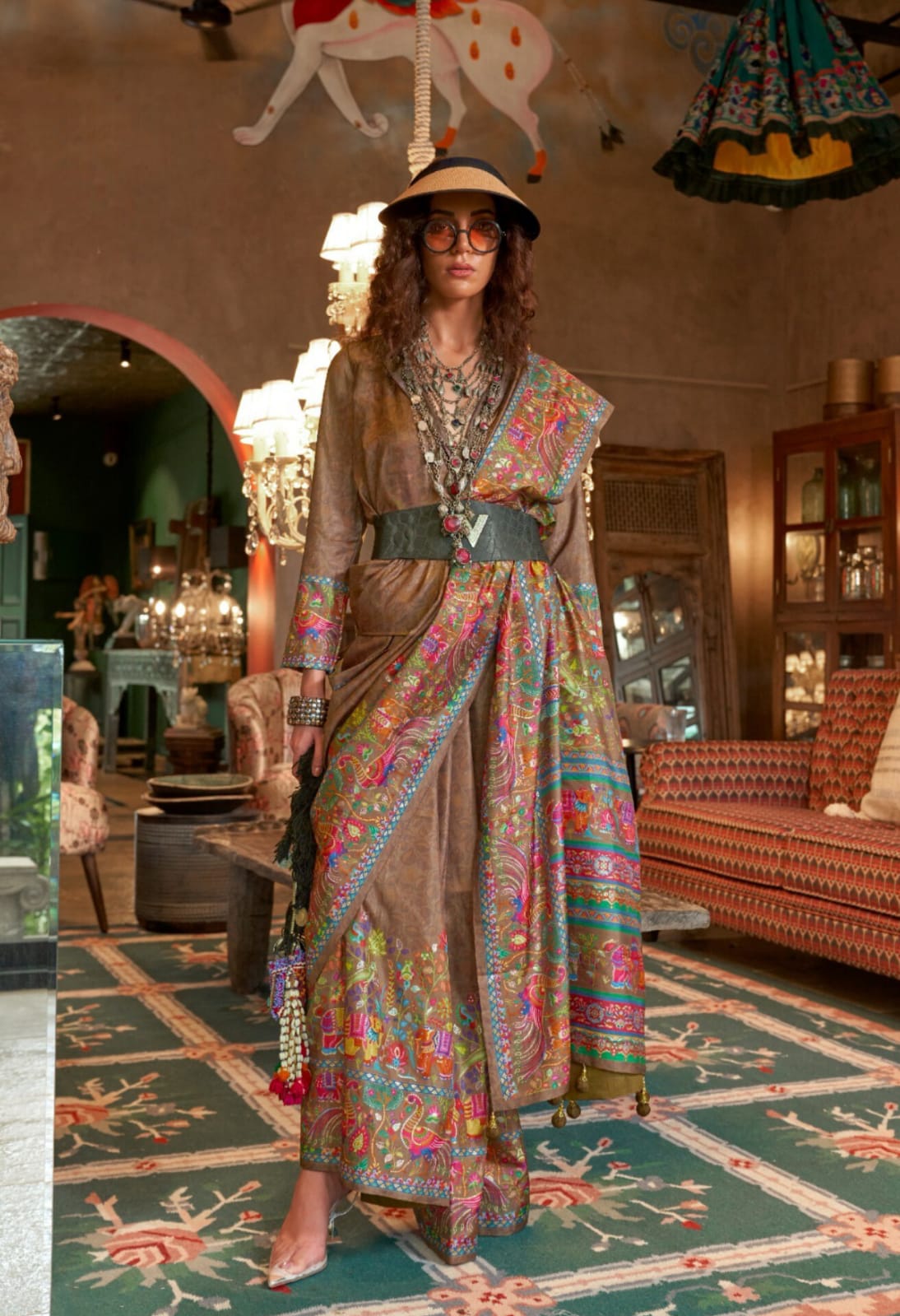 Brown P.V Silk Printed Saree