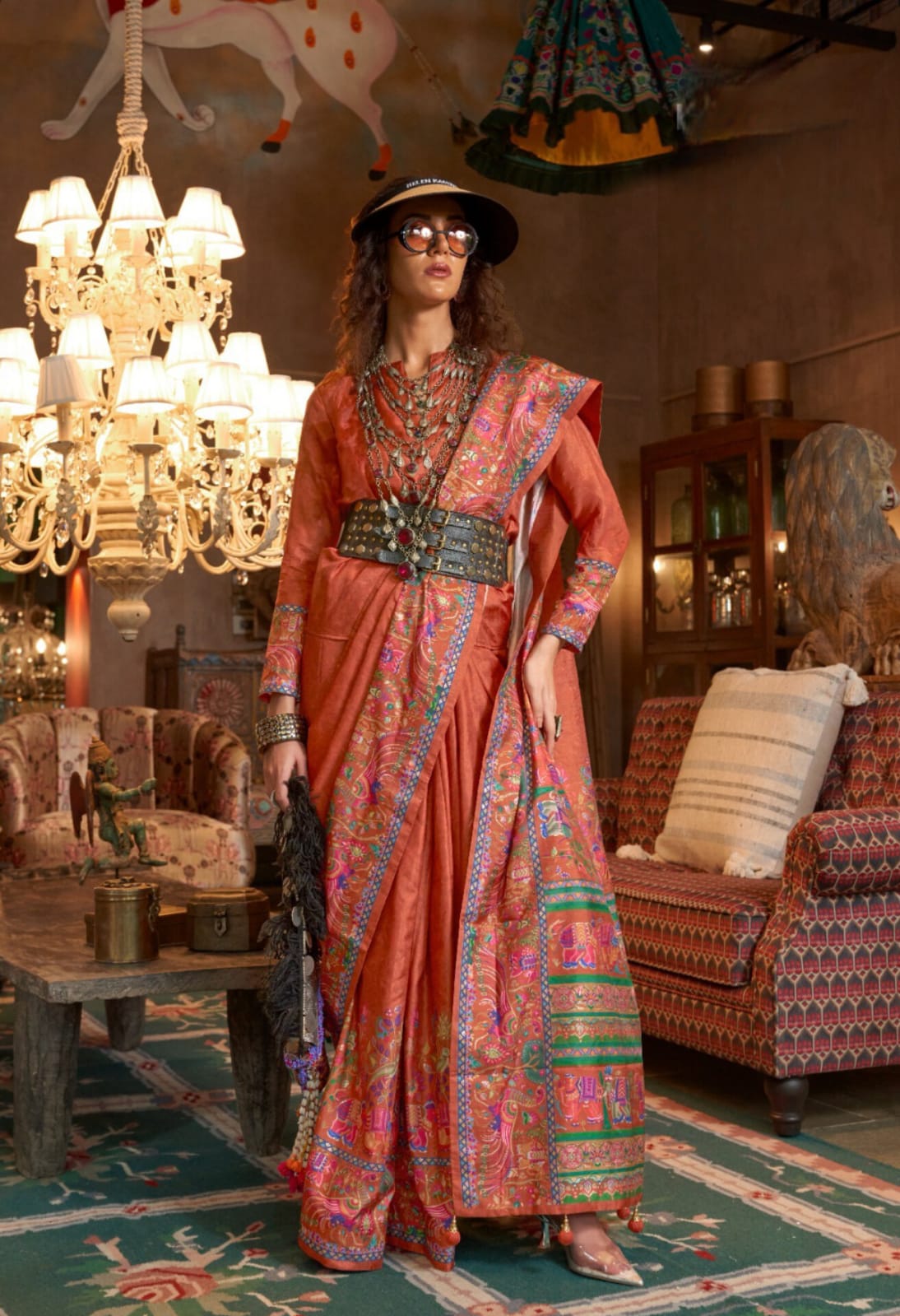 Rust P.V Silk Printed Saree
