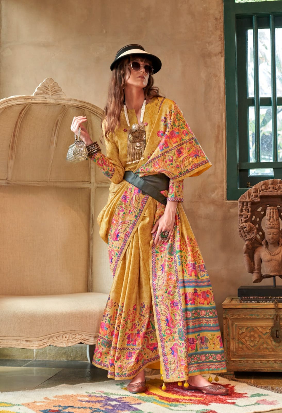 Yellow P.V Silk Printed Saree