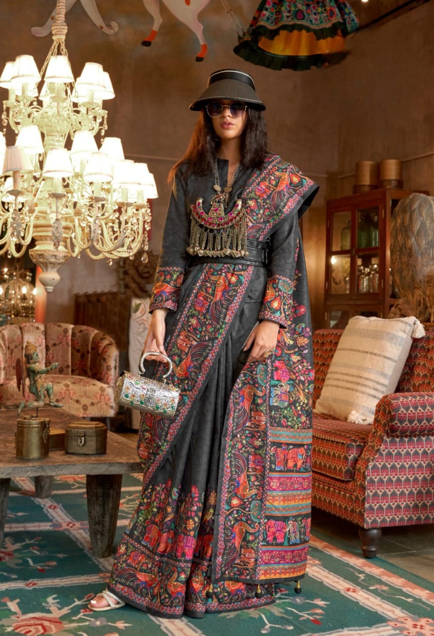 Black P.V Silk Printed Saree