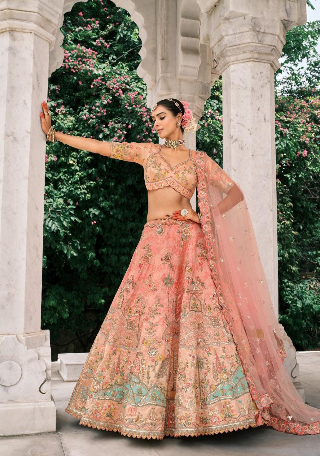 Peach Pastel Blue Silk Designer Lehanga