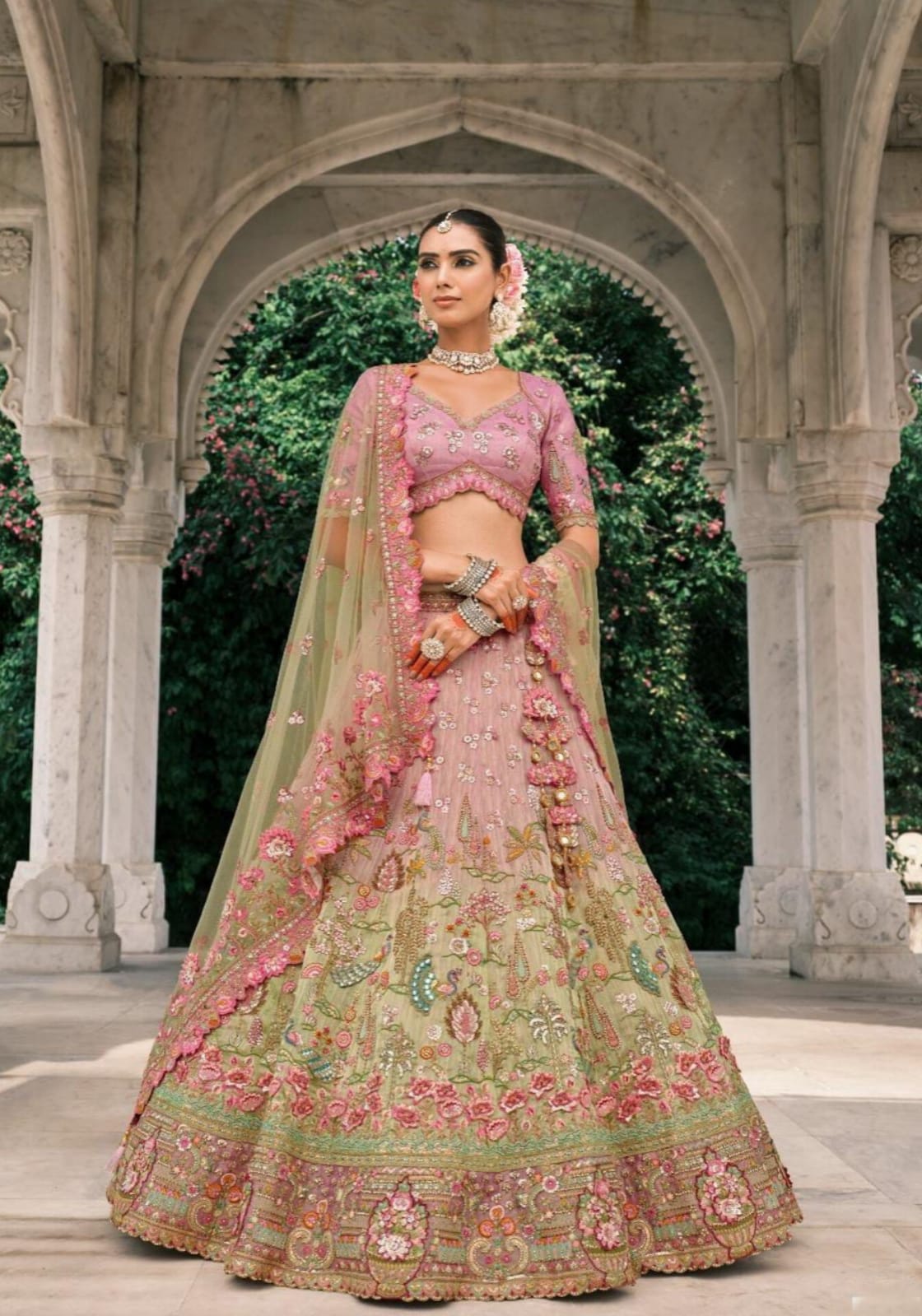 Pink Green Silk Designer Lehanga