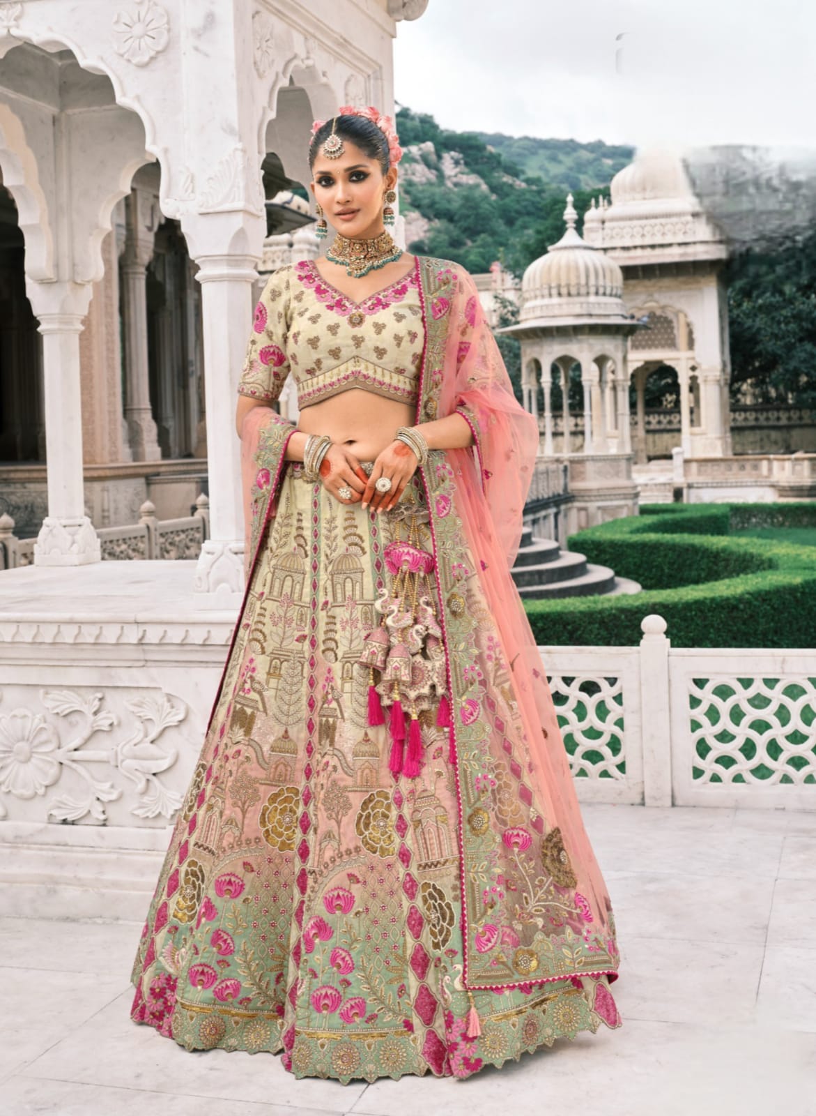 Cream Green Silk Designer Lehanga