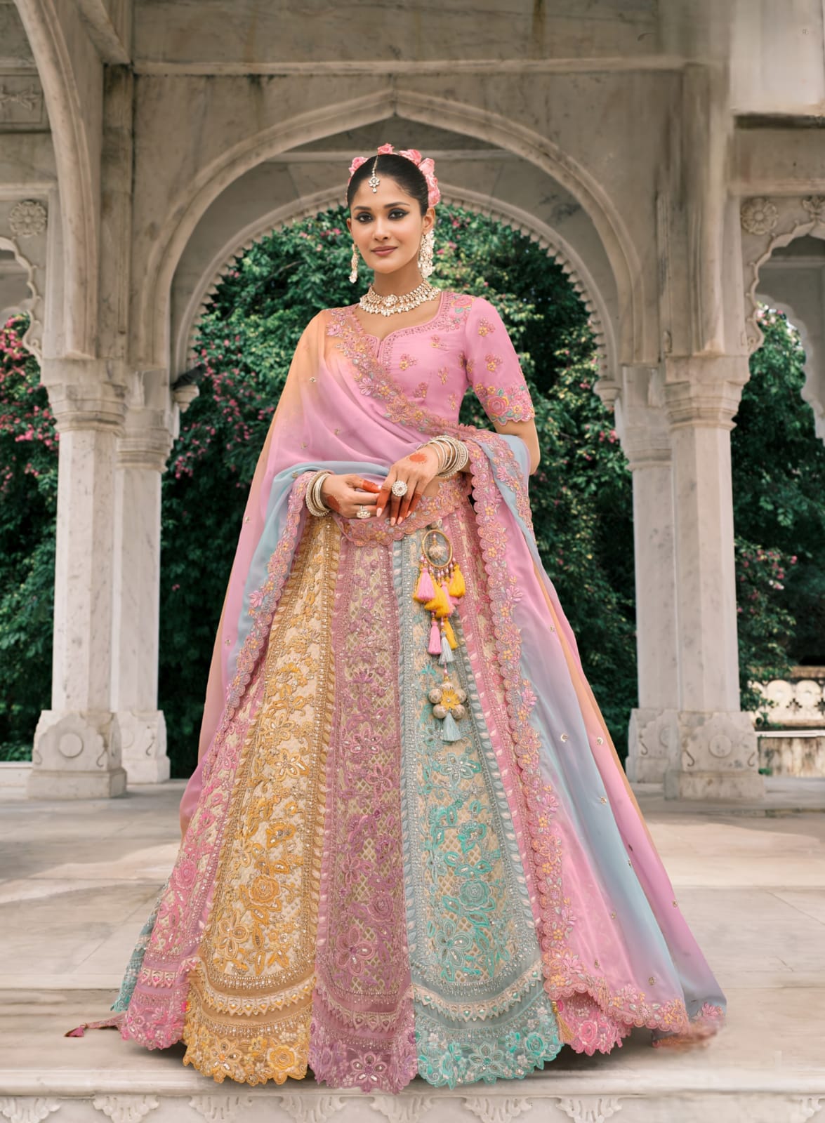 Pink Sky Blue Silk Designer Lehanga