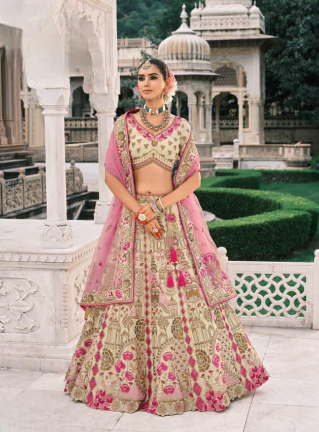 Beige Pink Silk Designer Lehanga