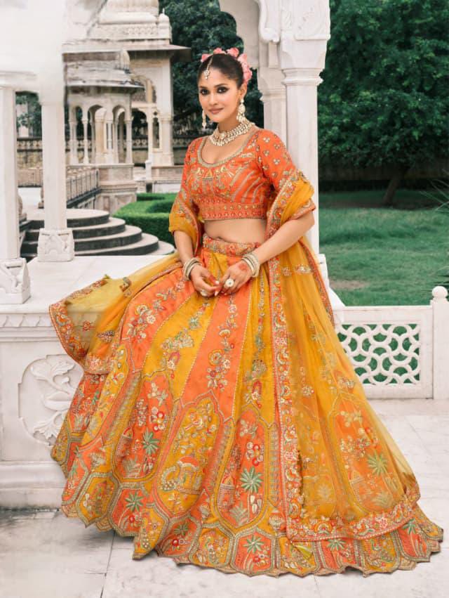 Yellow Oange Silk Designer Lehanga