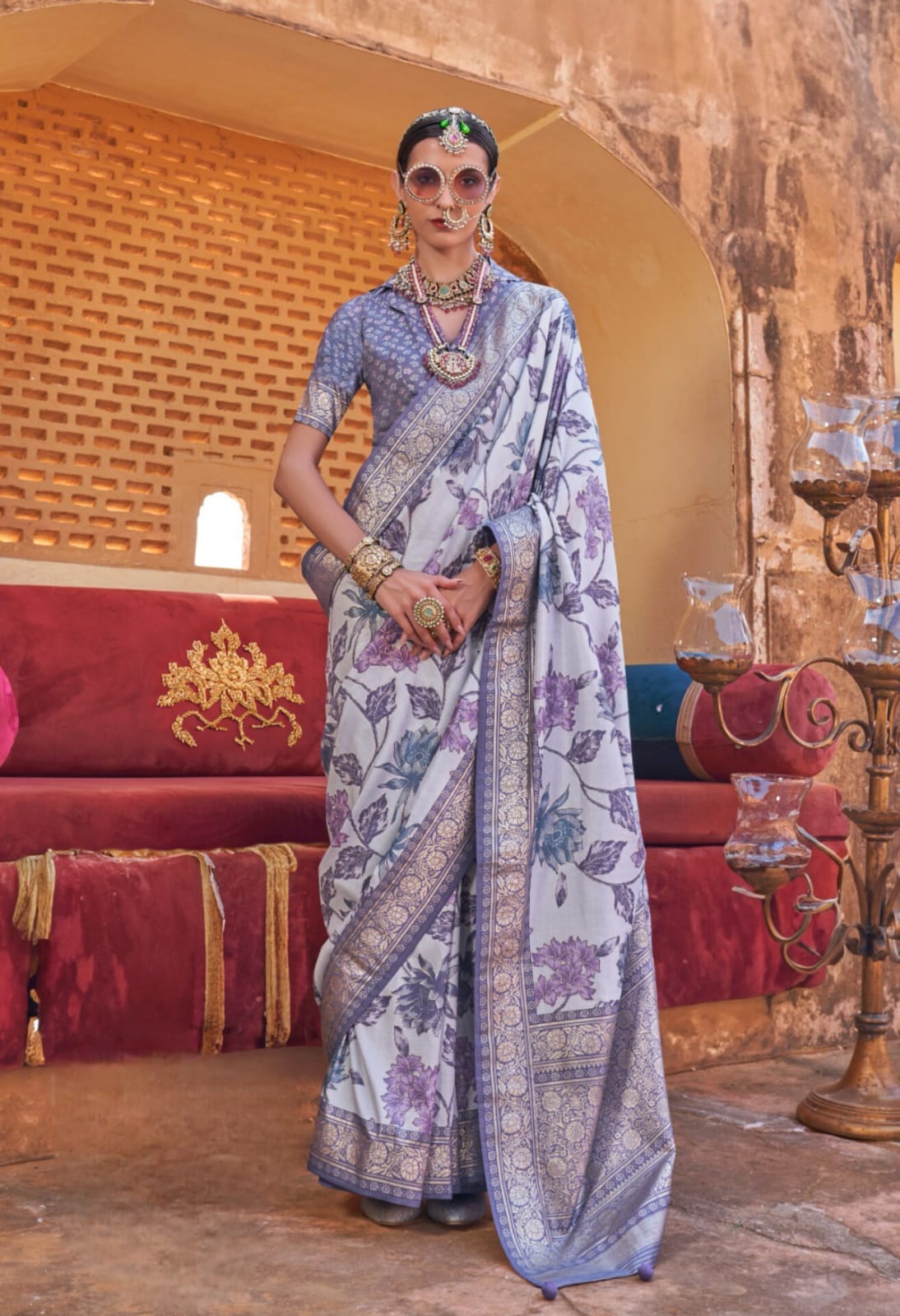 Lavender Grey Floral Printed Saree