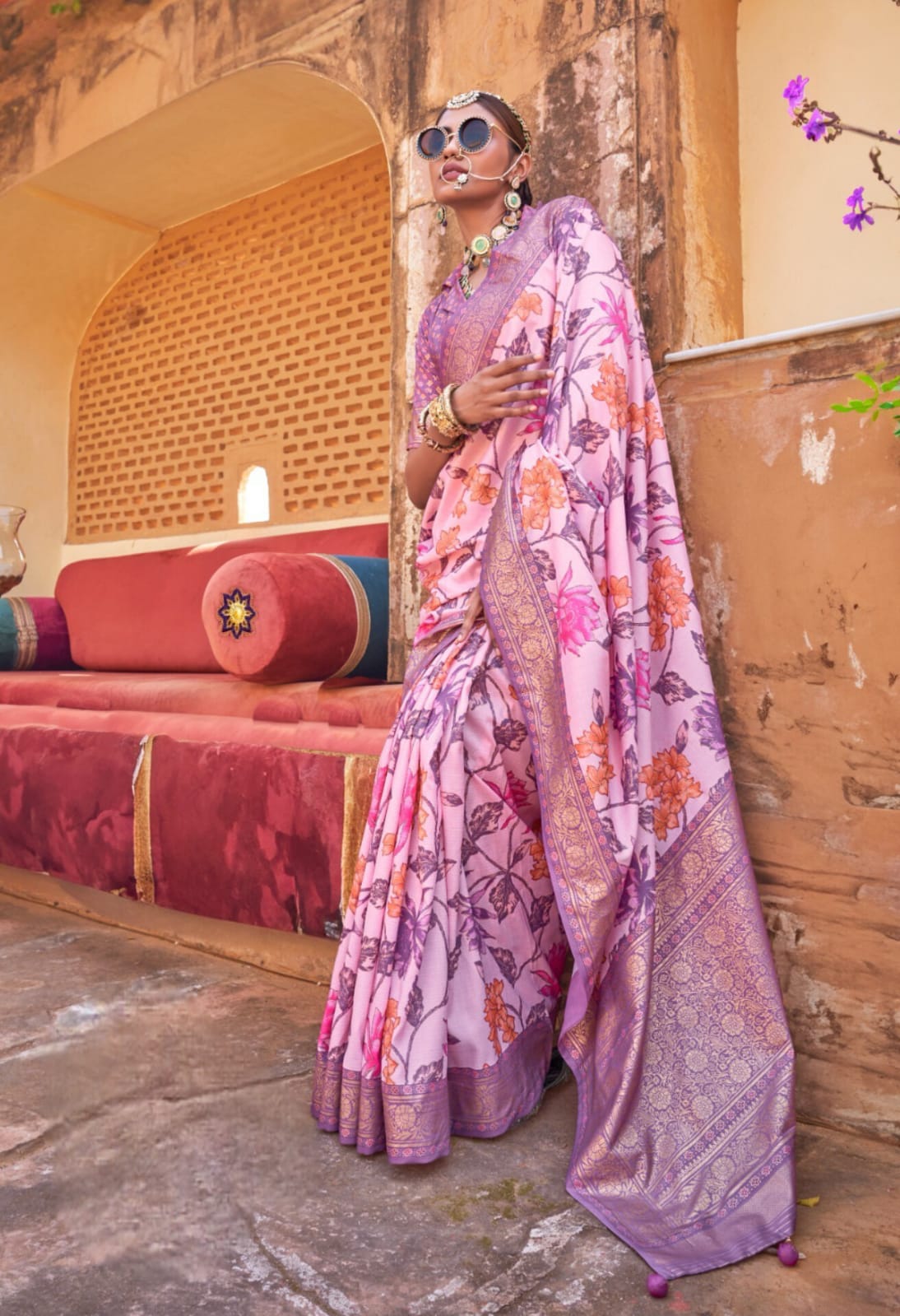 Lilac Pink Floral Printed Saree