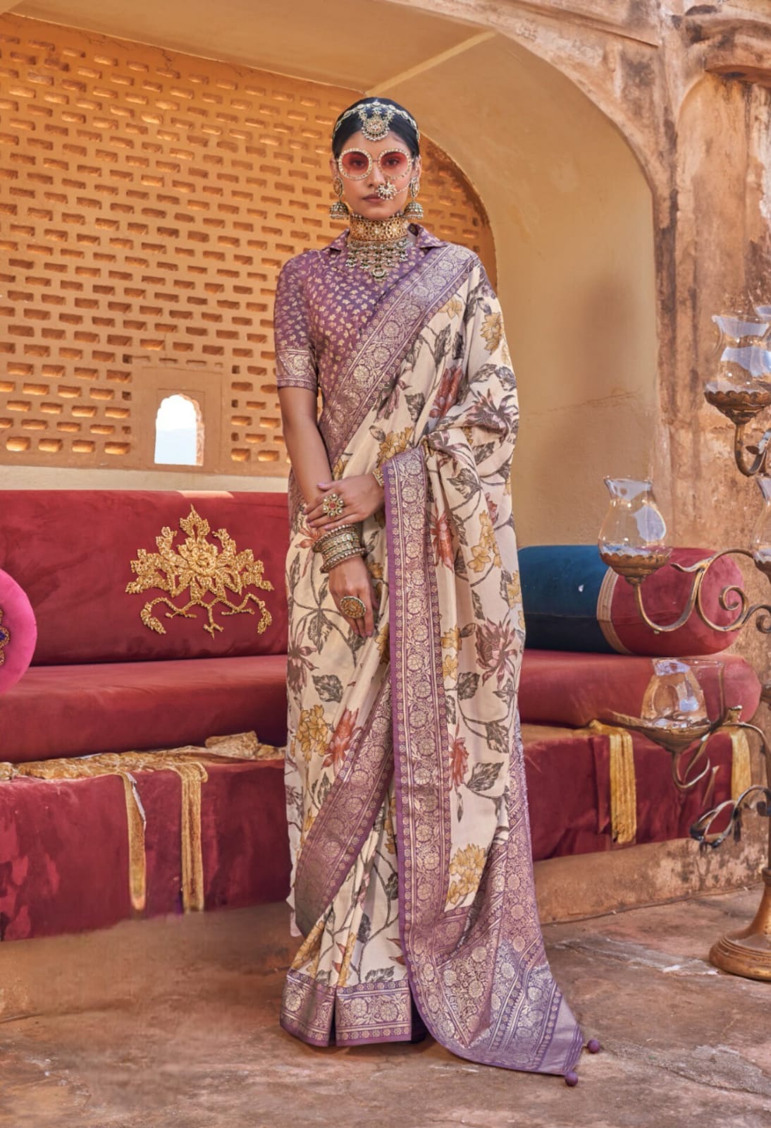 Ivory Beige Floral Printed Saree
