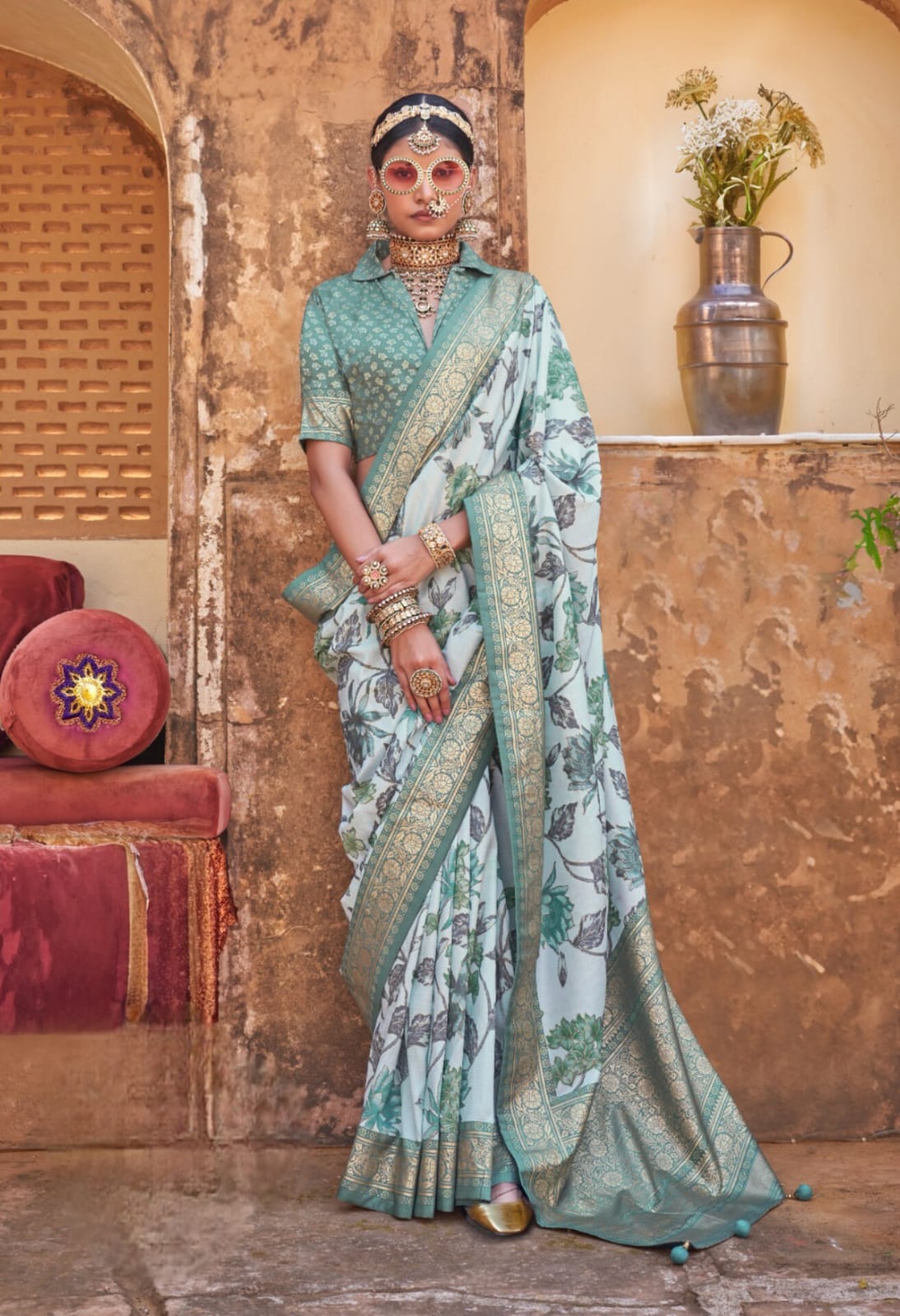 Mint Green Floral Printed Saree