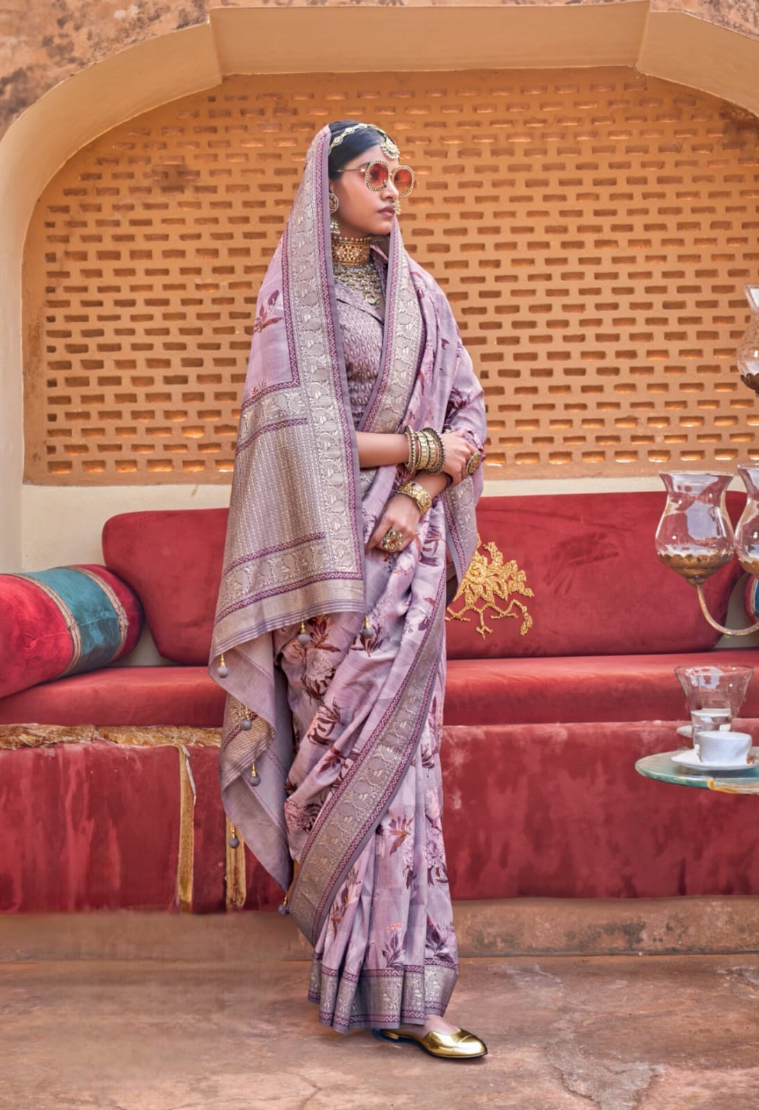 Mauve Grey Floral Printed Saree