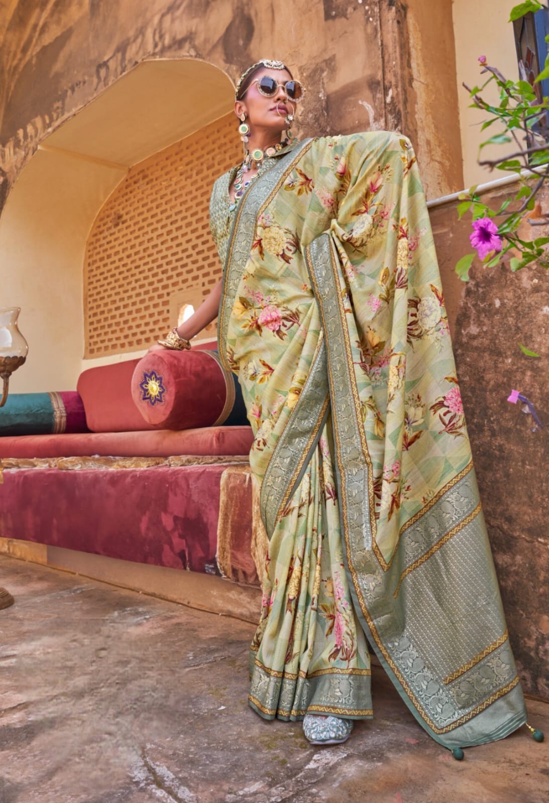 Olive Green Floral Printed Saree
