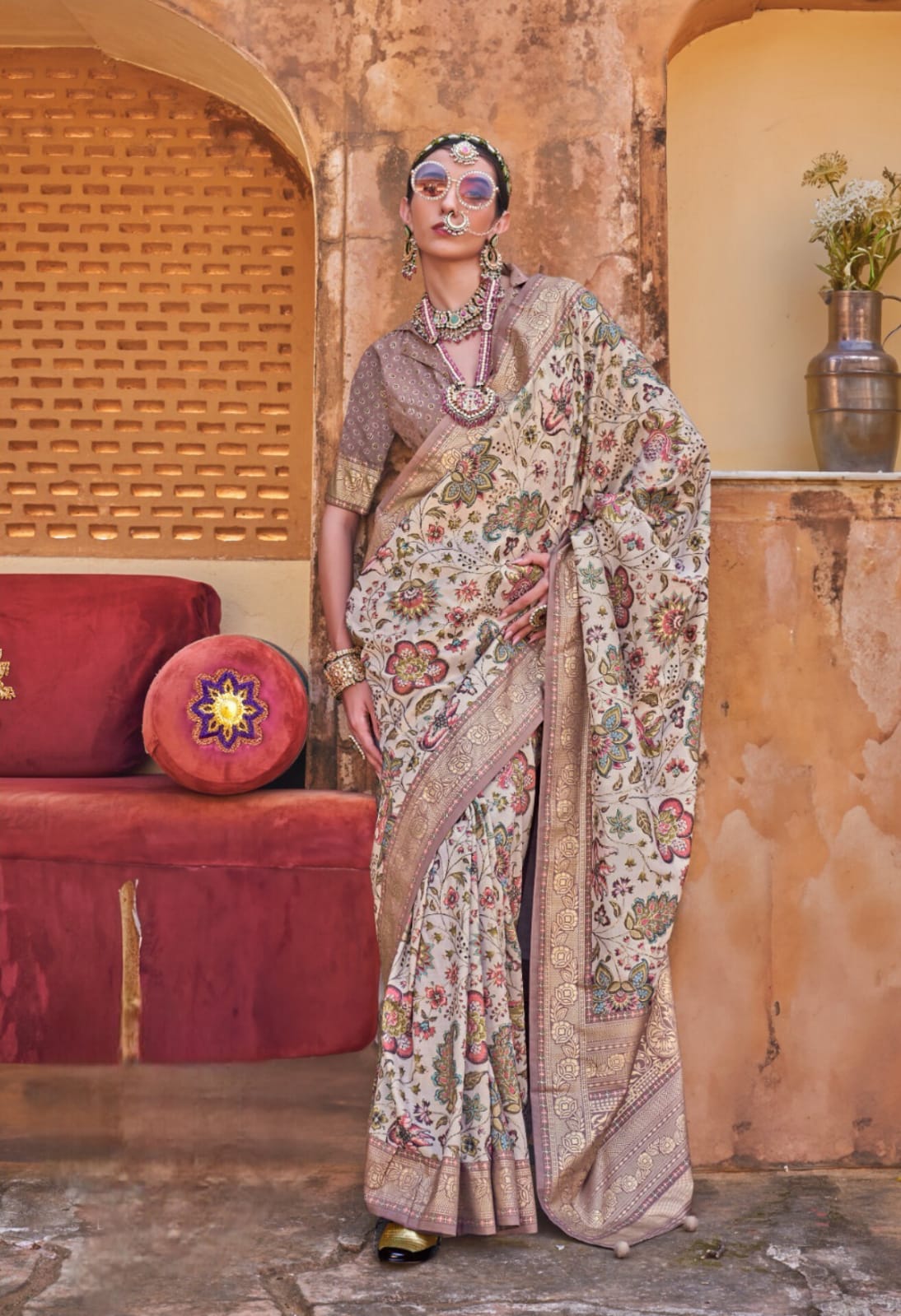 Cream Pastel Floral Printed Saree