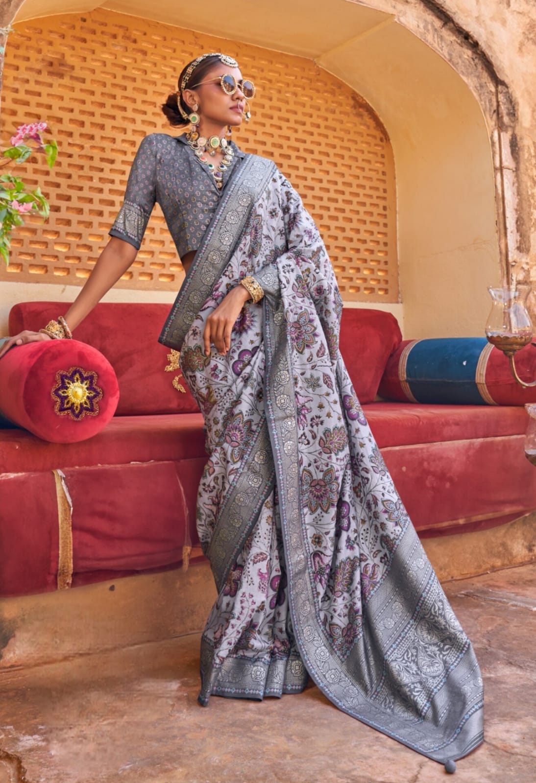 Grey Toned Floral Printed Saree