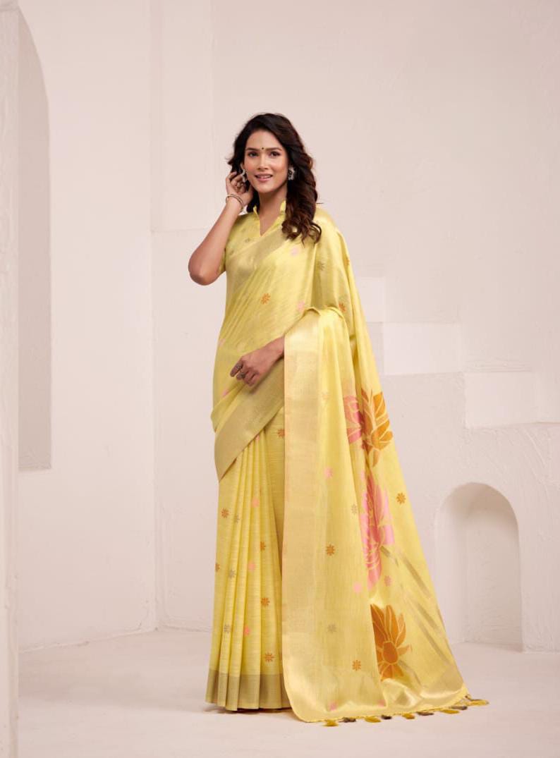 Yellow Soft Linen Butti Work Saree