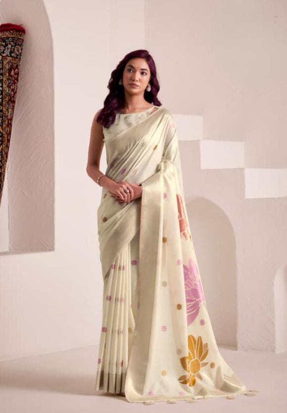 Cream Soft Linen Butti Work Saree
