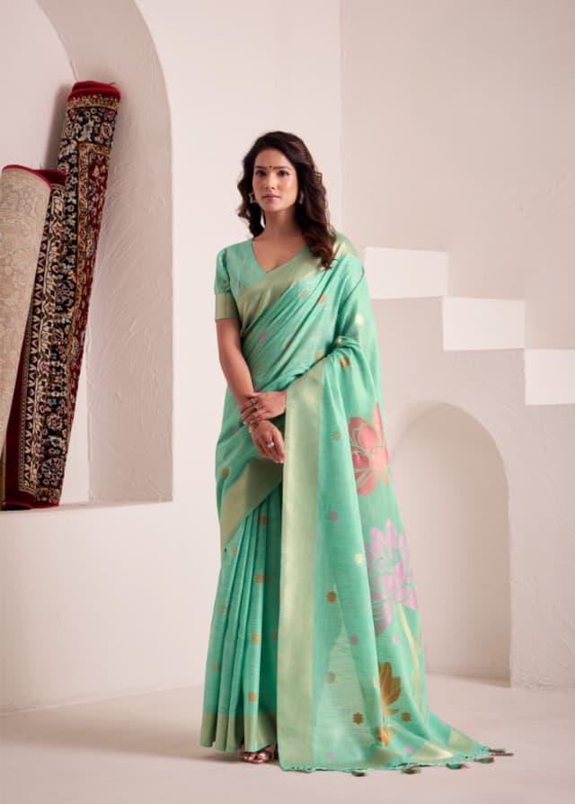 Sea Green Soft Linen Butti Work Saree