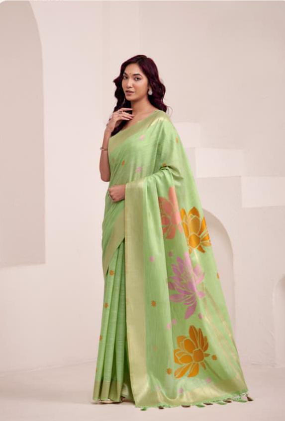 Light Green Soft Linen Butti Work Saree
