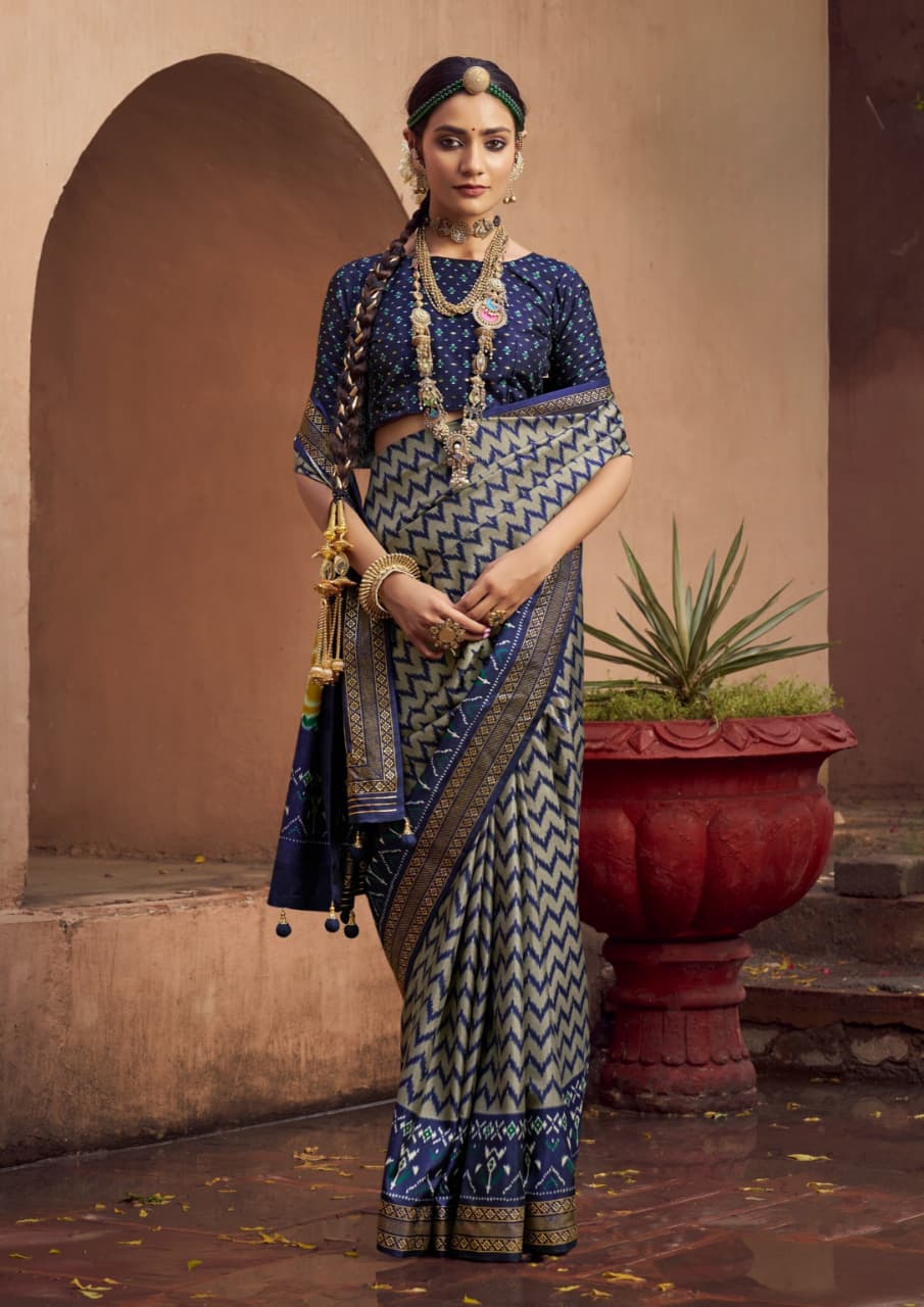 Navy Blue Silk Classic Patola Printed Saree