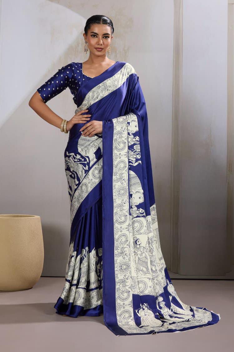 Royal Blue Satin Ajrakh Printed Saree