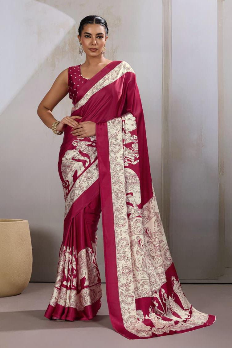 Red Modal Satin Ajrakh Printed Saree