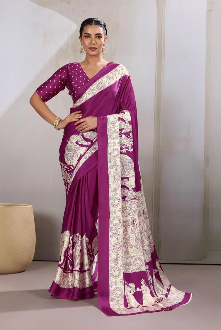 Purple Modal Satin Ajrakh Printed Saree